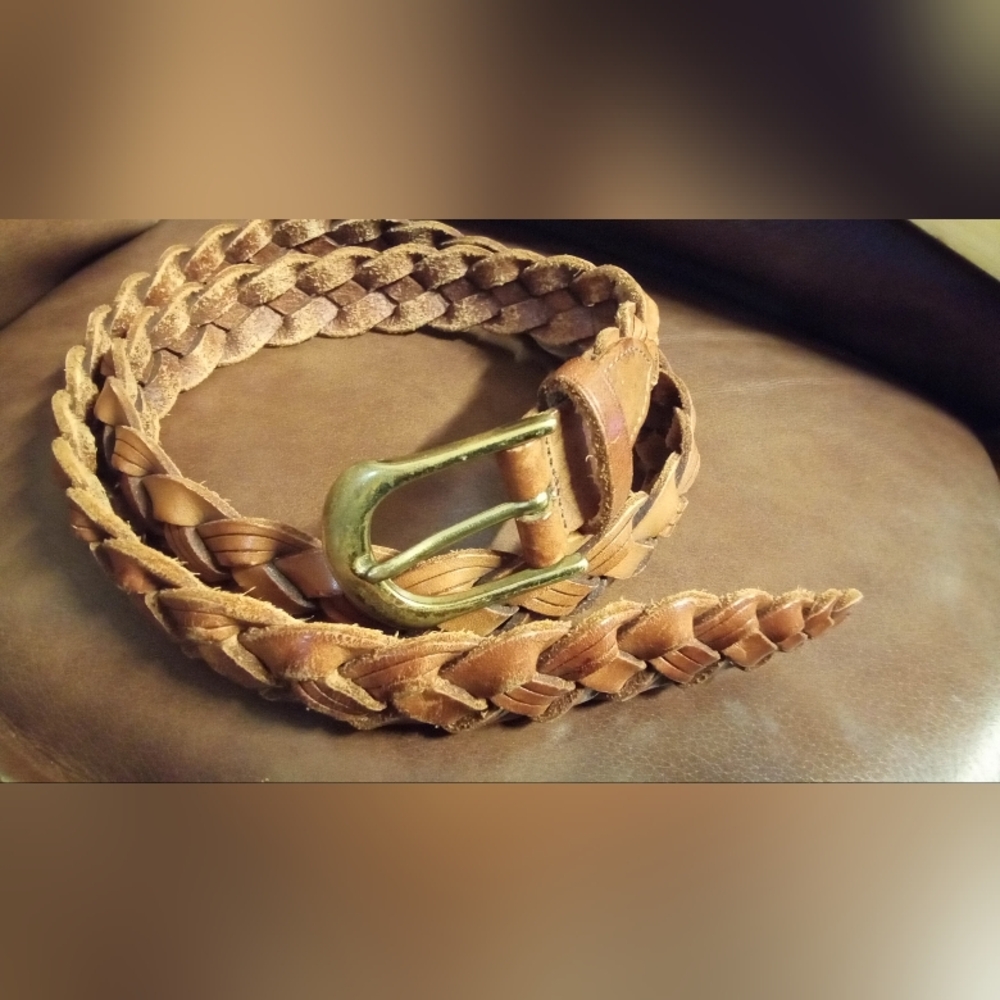 Lands' End Tan Braided Leather Belt with Brass Buckle